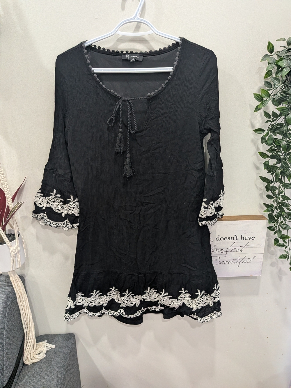 Women's Black Boho Dress with Cream Crochet Trim and Tassel Tie